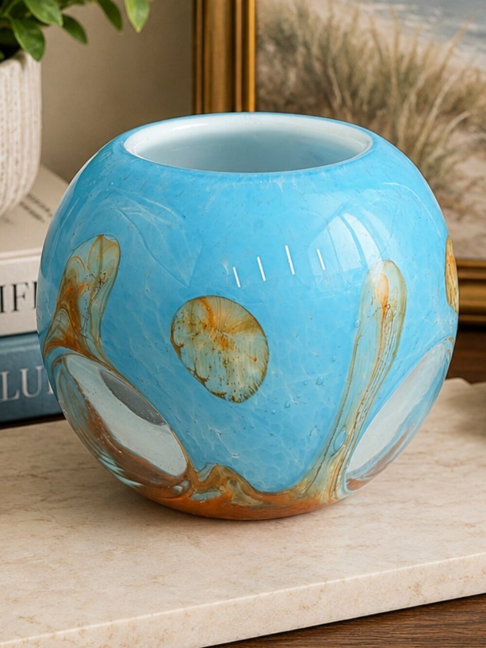 VTG Murano Style Pearly Blue Art Glass Vase – Abstract Orb – Hand Blown Italian